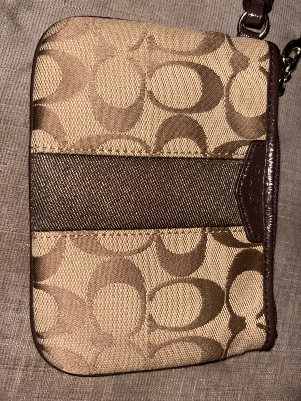 Coach Brown Signature Canvas Wristlet with Dark Brown Trim